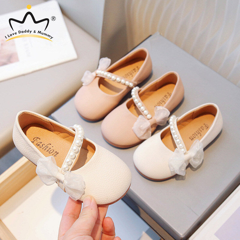 Pearl Bowknot Princess Shoes PU Leather Shoes Pearl Soft Footwear Flat