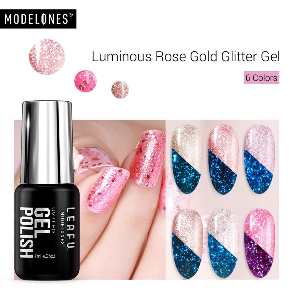 Modelones Rose Gold Glitter Gel Nail Polish Sequins Shiny Soak Off UV/LED Manicure  Nail Art Diy 7ml - Sơn móng 