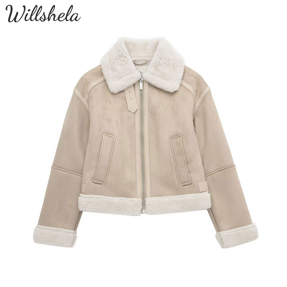 Willshela Áo Khoác Lửng Lông Cừu Ấm Áp Mùa Thu Đông Cho Nữ Áo Khoác Ngoài Áo Khoác Ngắn Cổ Điển Thường Ngày Có Khóa Kéo Phía Trước Cổ Ve Áo Cho Nữ Sang Trọng