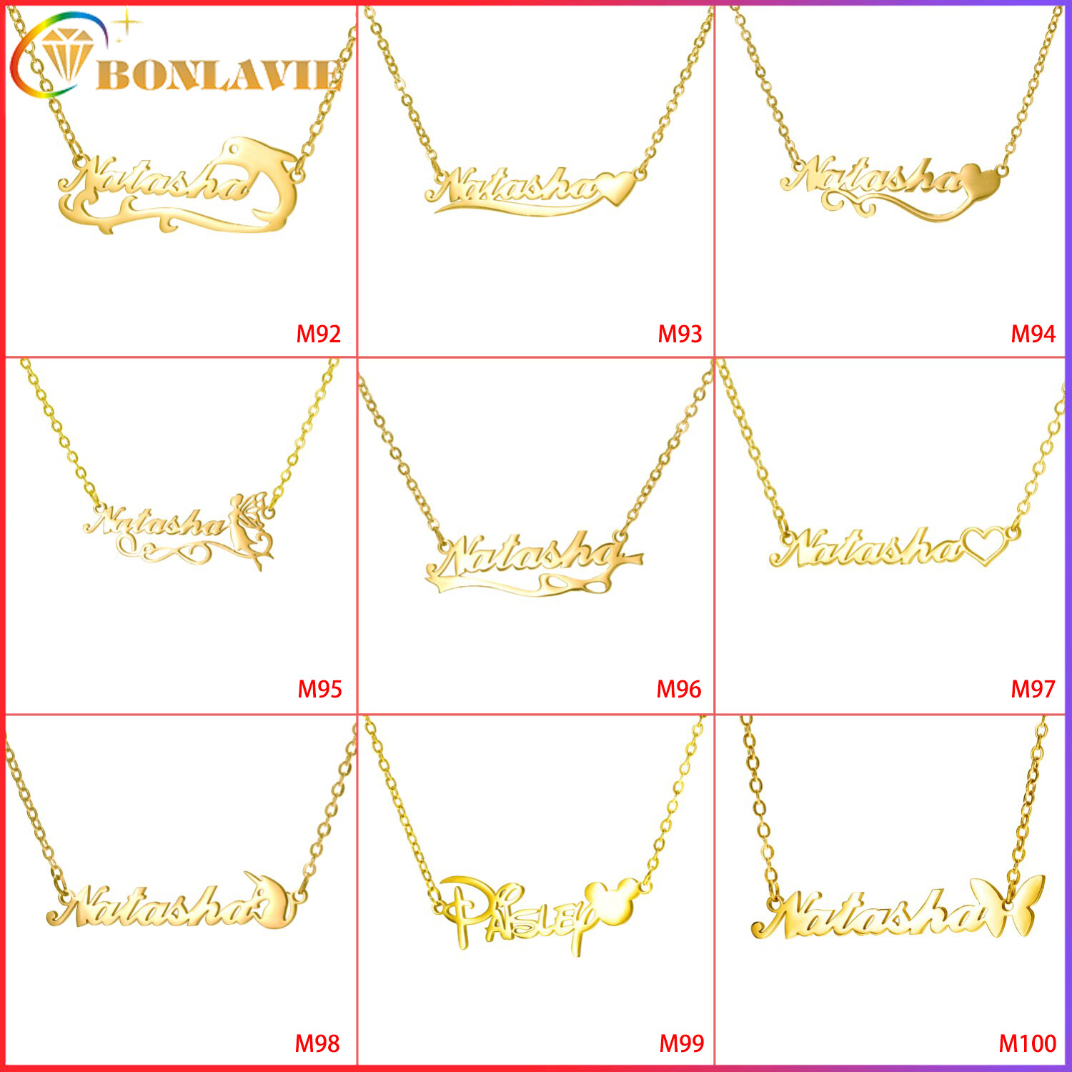 BONLAVIE【Name Custom Necklace】Personalized Iced Name Necklace Stainless Steel Charm Custom Name Jewe