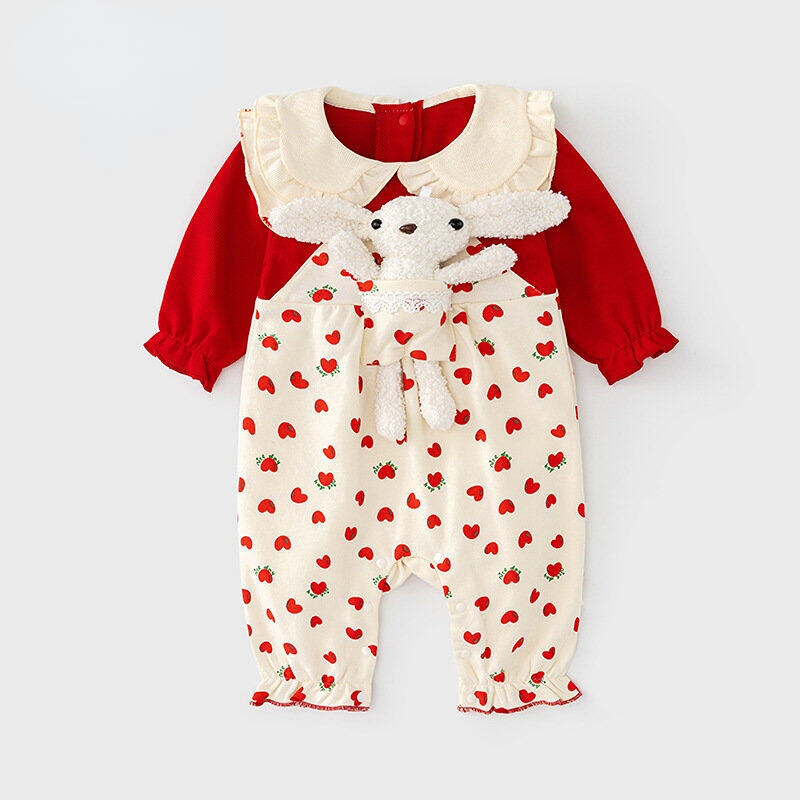 Esaberi baby girl clothing thick cotton red heart white rabbit jumpsuit