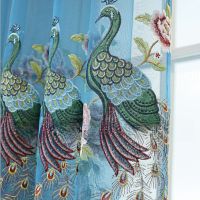 AnneyOneDecor Blue Sheer Curtains for Sliding Door Embroidered Floral Voile Curtain for Bedroom and Living Room