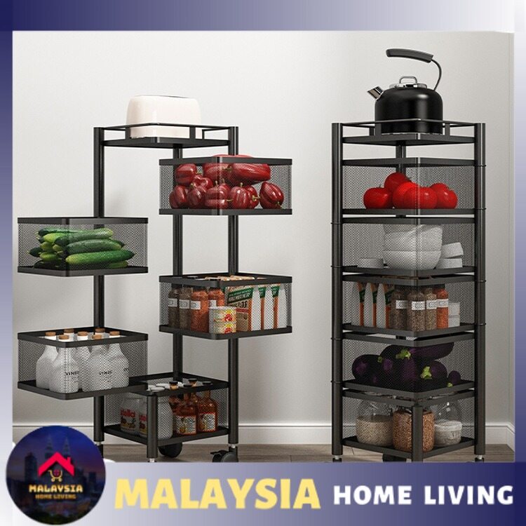 Gambar Rotatable Kitchen Seasoning Racks Multifunctional Floor Storage Square Round Trolley Mini Furniture Shelf Carts