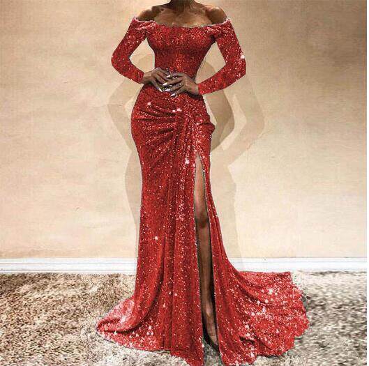 Elegant Red Sequin Ball Gown Shiny Aso Ebi Evening Dress Long Sleeve