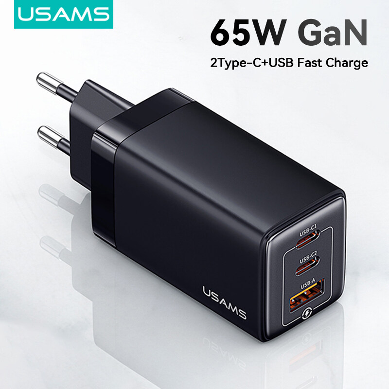 USAMS 65W GaN 3 cổng sạc nhanh QC4.0 EU Cắm sạc tường 2pin USB ACC 3 cổng sạc điện thoại di động Bộ sạc PD loại C di động Máy tính xách tay MacBook iPad Pro iPhone Xiaomi Huawei Samsung