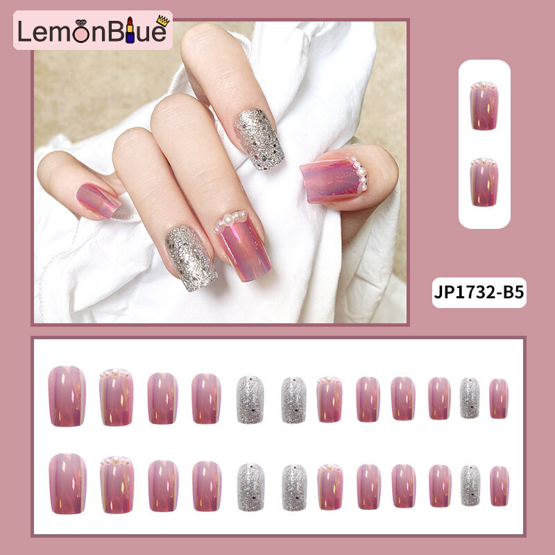 Gambar LemonBlue 24pcs Silver Color Fake Nail Patch Rhinestone Inlaid Glue Type Removable Long Paragraph Fashion Manicure Nail Patch
