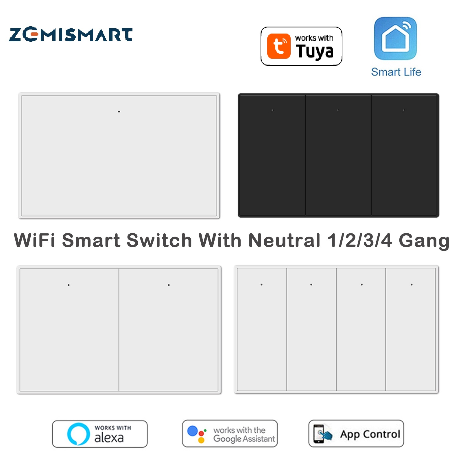 Zemismart WiFi Smart Switch 1/2/3/4 Gang,Mouse Buttons Neutral Switch,Alexa Google Voice Control,No Capacitor Needed,Easy Install,White/Black,work with Tuya ราคา 1,033 บาท*ส่งฟรี