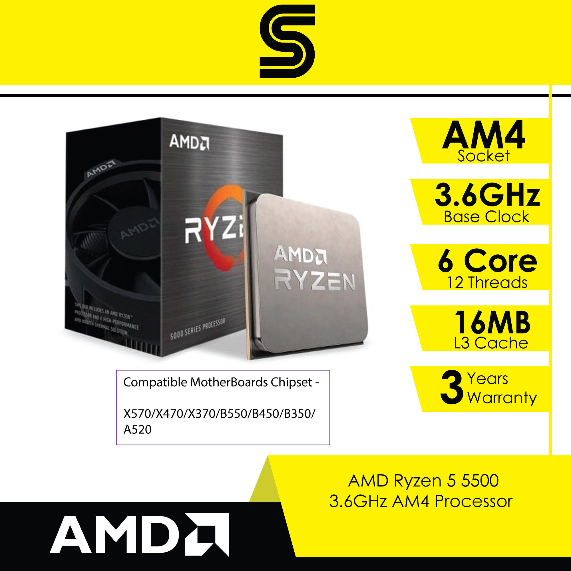 Ryzen 5 5500 6 Core 12 Threads High Performance Gaming Cpu - Am4