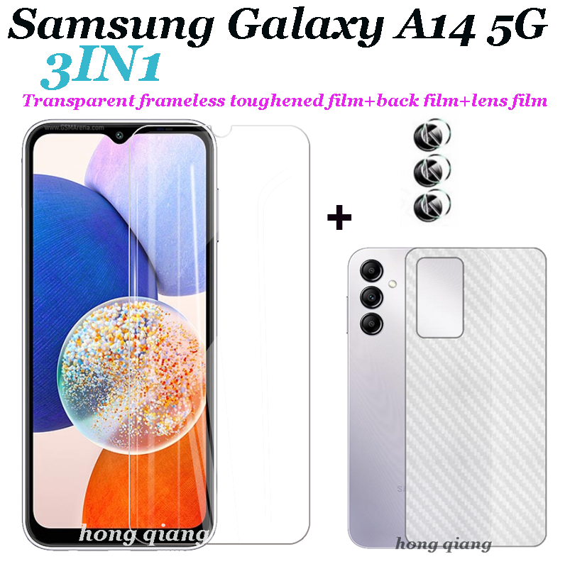 Miếng Dán Cường Lực Màn Hình Trong Suốt Không Viền 3 Trong 1 Samsung Galaxy A14 5G A04E A23 A13 A54 5G A34 5G + Miếng Dán Ống Kính + Miếng Dán Lưng Sợi Carbon