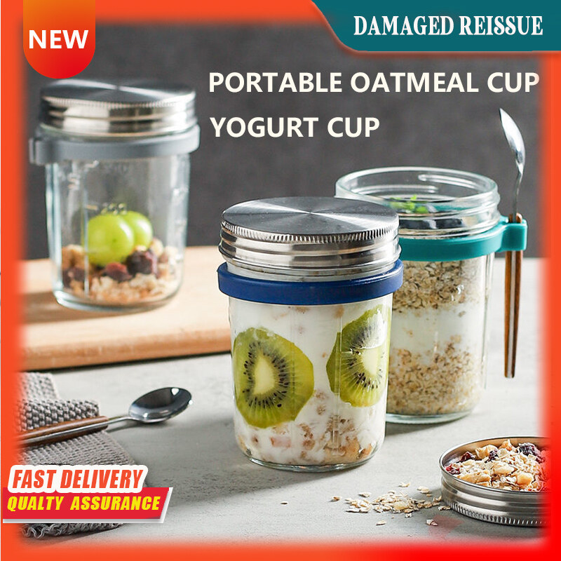 Gambar Overnight Oatmeal Cup Sealed Yogurt Cup with Lid Spoon Portable Cereal Breakfast Cup Drink Milk Glass