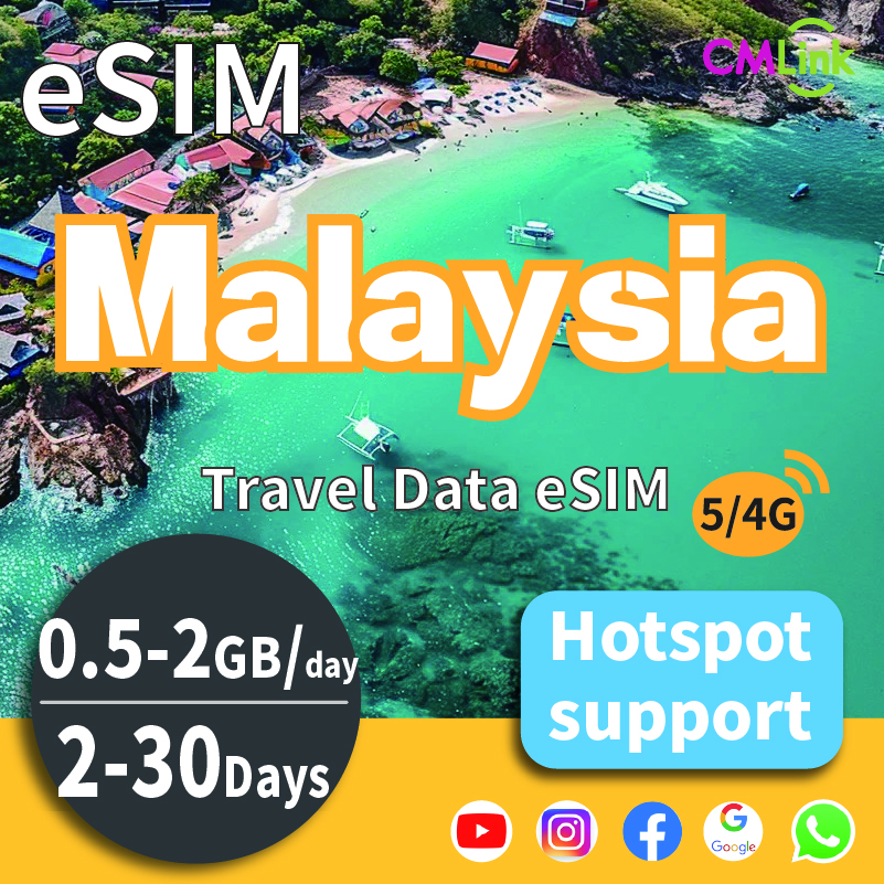 Malaysia Travel Data eSIM Card with Unlimited (2-30 Days, 0.5GB/1GB/2GB Daily High-Speed Data + Hotspot + Top-Up, QR Code Sent to Your Email) ราคา 241 บาท*ส่งฟรี