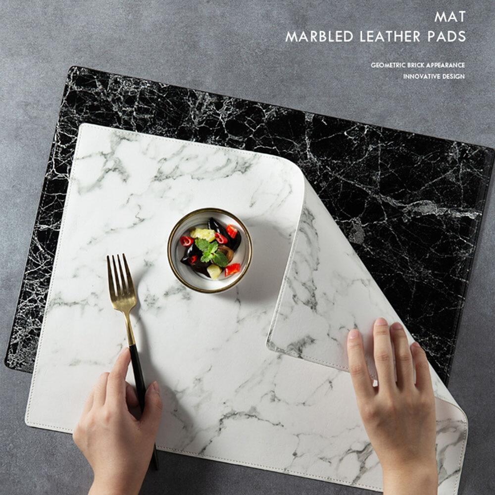 Gambar Luxury PU Leather Placemat Black White Marble Pattern Table Mat Heat Insulation Waterproof Placemats Bowl Coaster 45x32CM 1PCS