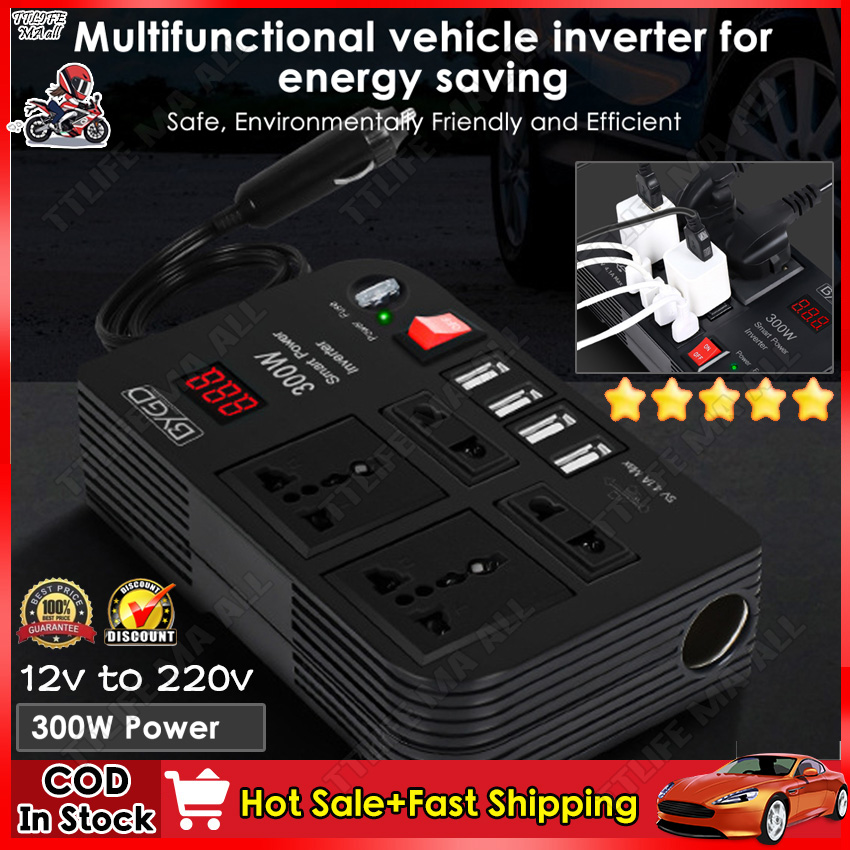 อุปกรณ์ประดับยนต์และชิ้นส่วนยานยนต์ คุณภาพสูง 300W รถอินเวอร์เตอร์ DC 12V to AC 220V Power Converter Splitter 4 USB Fast ชาร์จ Universal SOCKET สมาร์ทแรงดันไฟฟ้า Monitor ราคา 579 บาท*ส่งฟรี