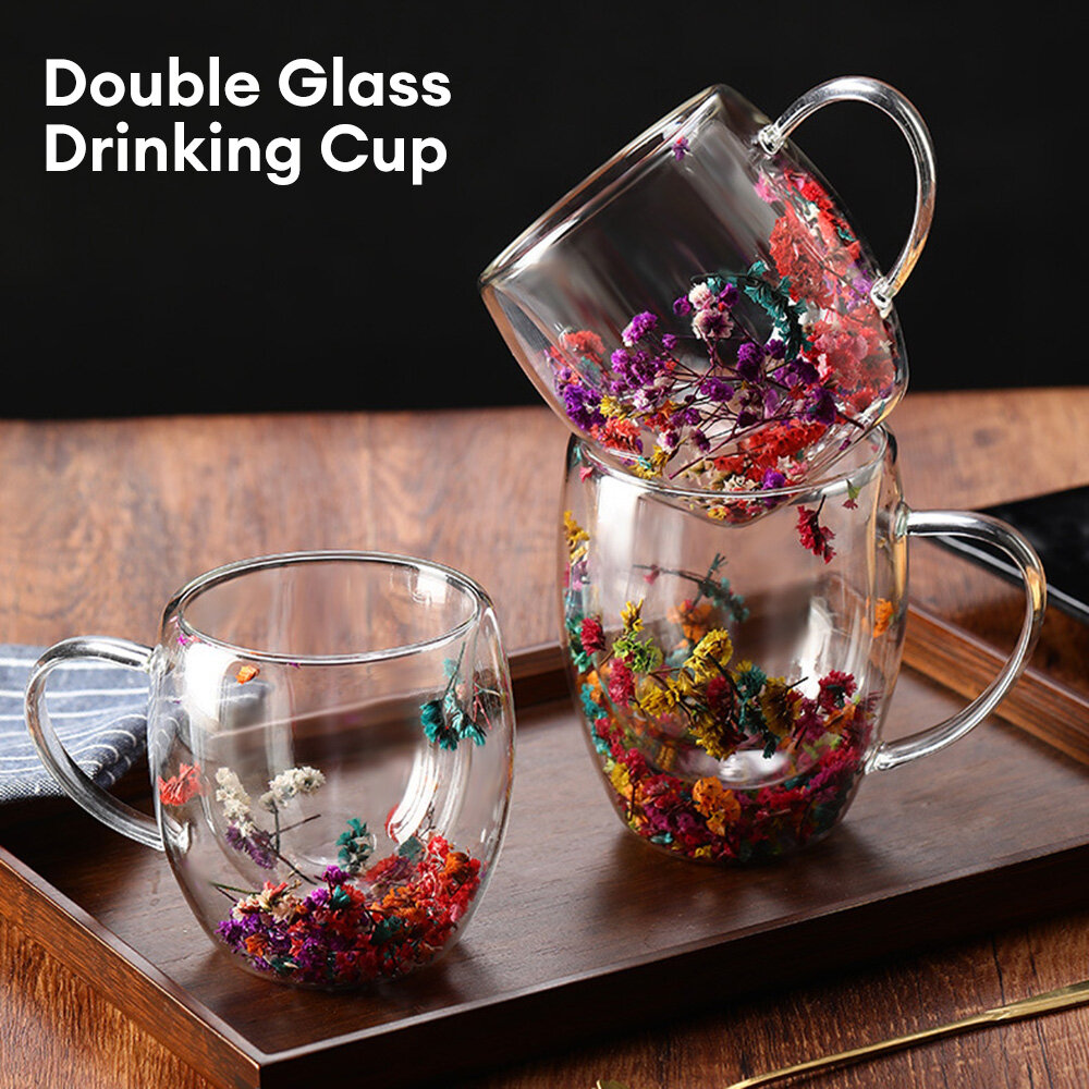 Sáng Tạo ly thủy tinh 2 lớp hoa thật ly thủy tinh tay quà tặng BoroSilicate cao ly thủy tinh có tay cầm