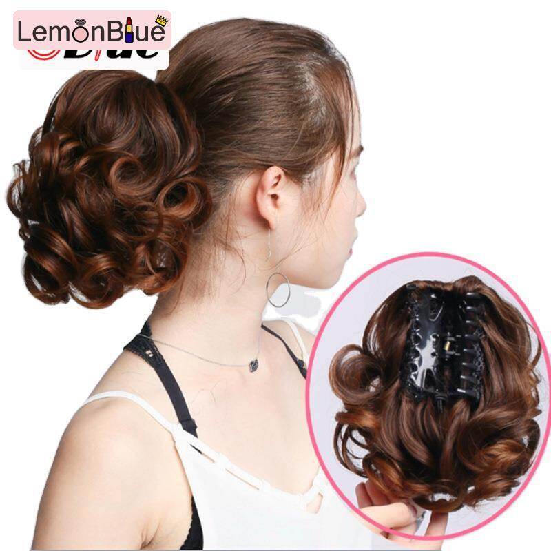 Gambar LemonBlue Blue Synthetic Hair Ponytail Messy Wave Curly Wedding Elastic Hair Extension Updo Cover Hairpiece Hair Bun Scrunchie Wig for Women
