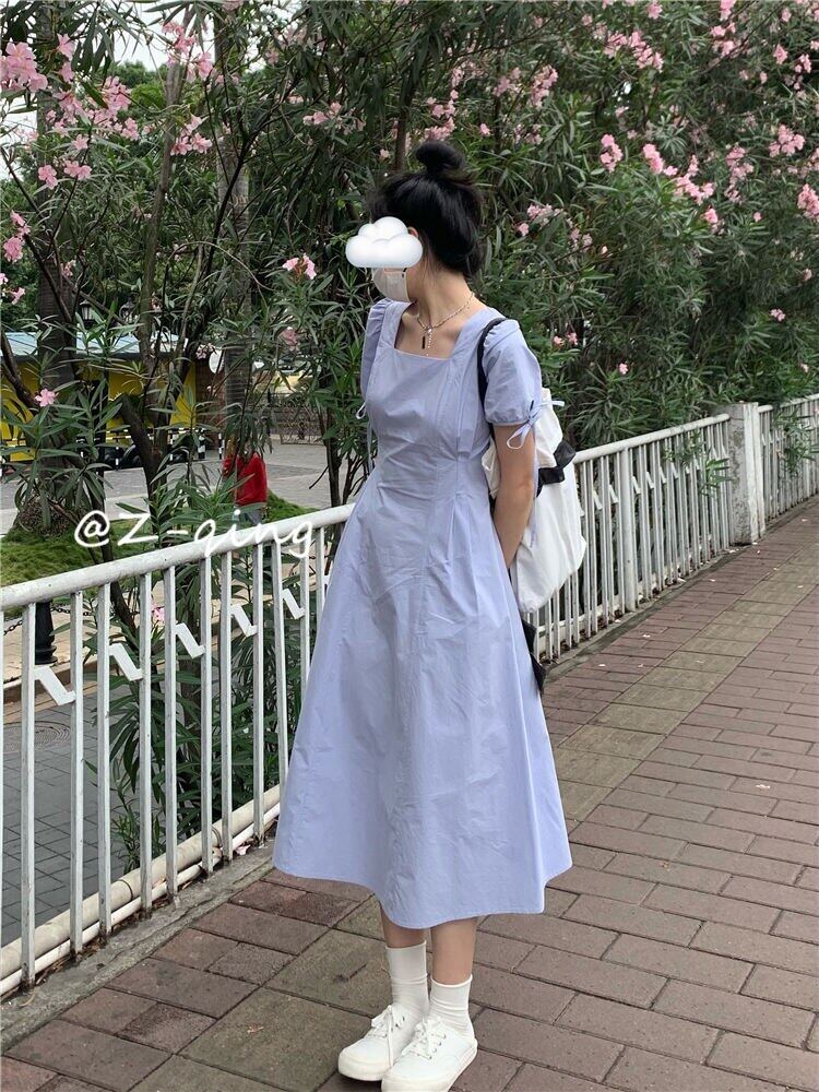 French style square collar puff sleeve dress design niche temperament slim fit gentle first love backless white fairy skirt