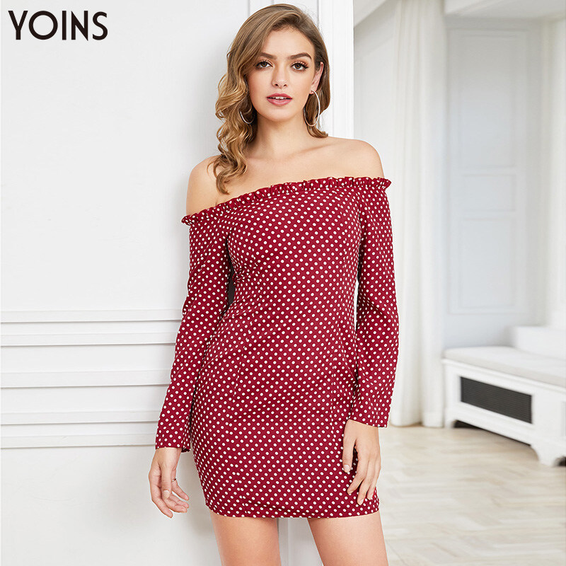 red polka dot off the shoulder dress