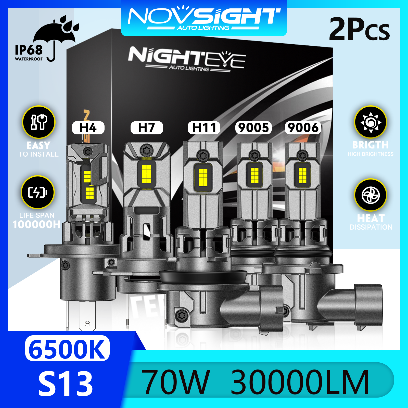 2 Bóng Đèn Pha LED NIGHTEYE S13 9005 HB3 9006 HB4 H4 H7 H11 Đèn LED Cho Xe Ô Tô Đèn Sương Mù Chùm Cao/Thấp 70W 30000LM 6500K Siêu Sáng 11 Cắm Và Chạy Miễn Phí Vận Chuyển