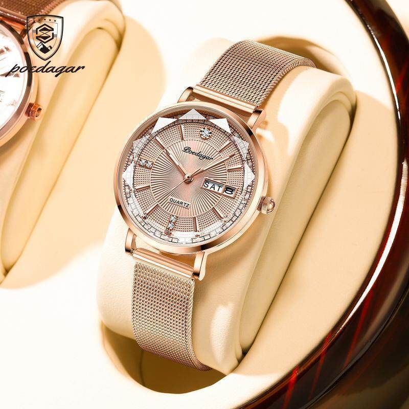 Poedagar đồng hồ nữ mới thụy sĩ đồng hồ thép không gỉ kim cương có lịch dạ quang chống nước chính hãng