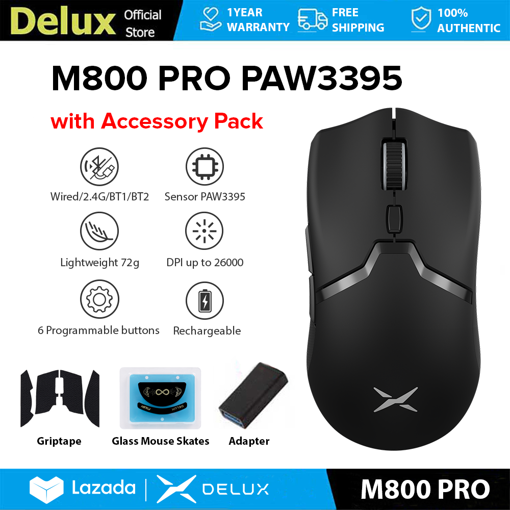 Delux M800 PRO PAW3395 Chuột chơi game Bluetooth Với gói phụ kiện Có Dây 2.4G không dây sạc lại được DPI Max 26000 Lập Trình 72G Trọng Lượng Nhẹ Cho PC/Máy Tính Xách Tay/Windows/Mac