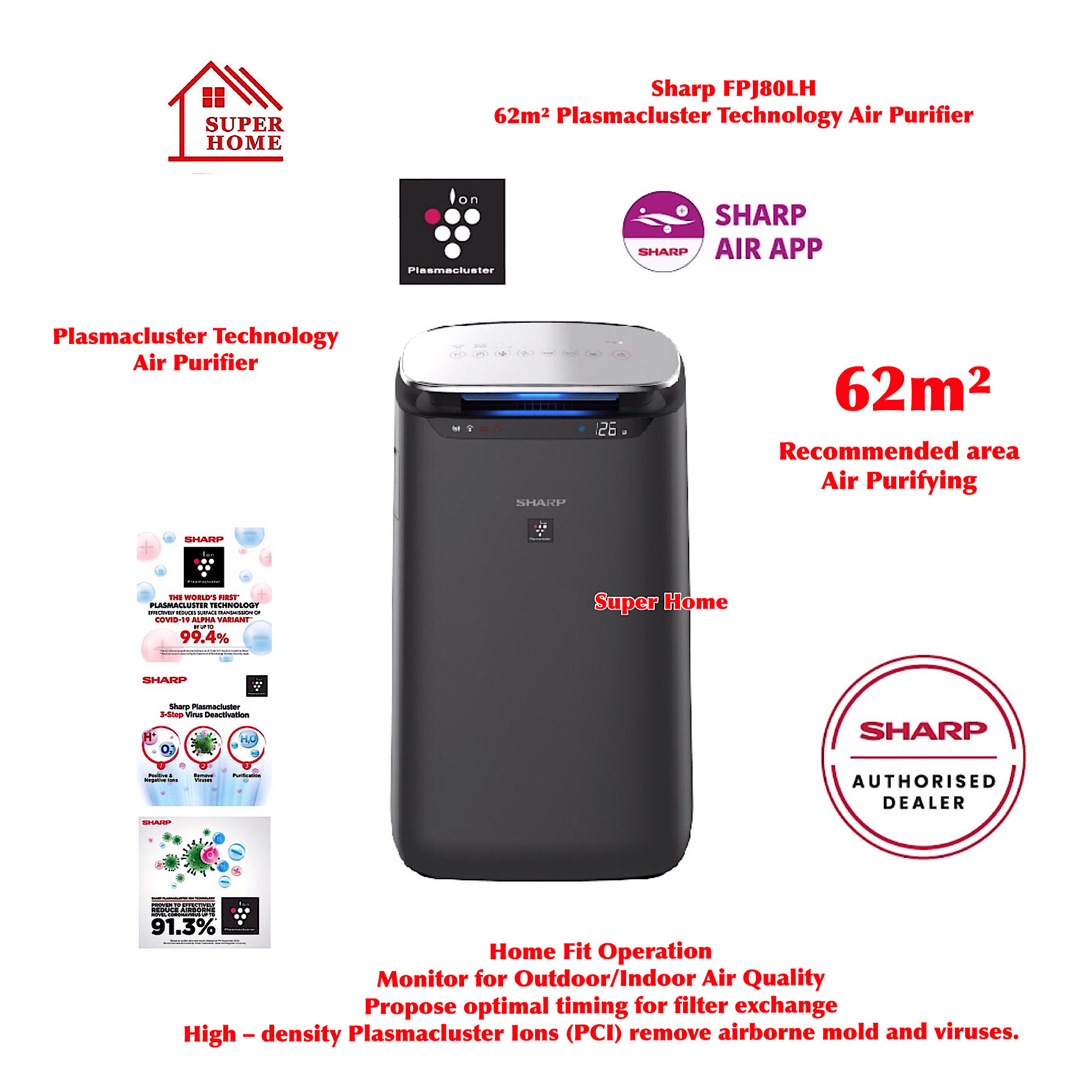 Sharp Air Purifier FPJ80LH Plasmacluster Technology Air Purifier 62m²