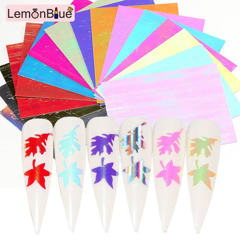 Gambar LemonBlue Nail Art Colored Flame Maple Leaf Sticker Nail Sticker Reflective Sticker 16 Sheets