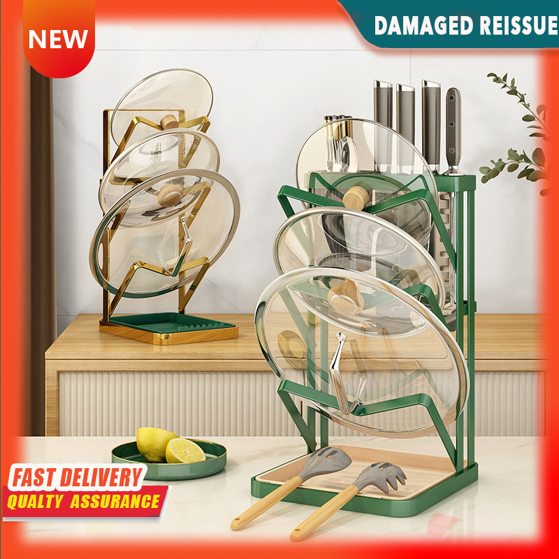 Gambar Multifunctional Pot Cover Rack Shelf Kitchen Countertop with Water Tray Hanging Pot Shovel Spoon Storage Rack Bracket Bracket