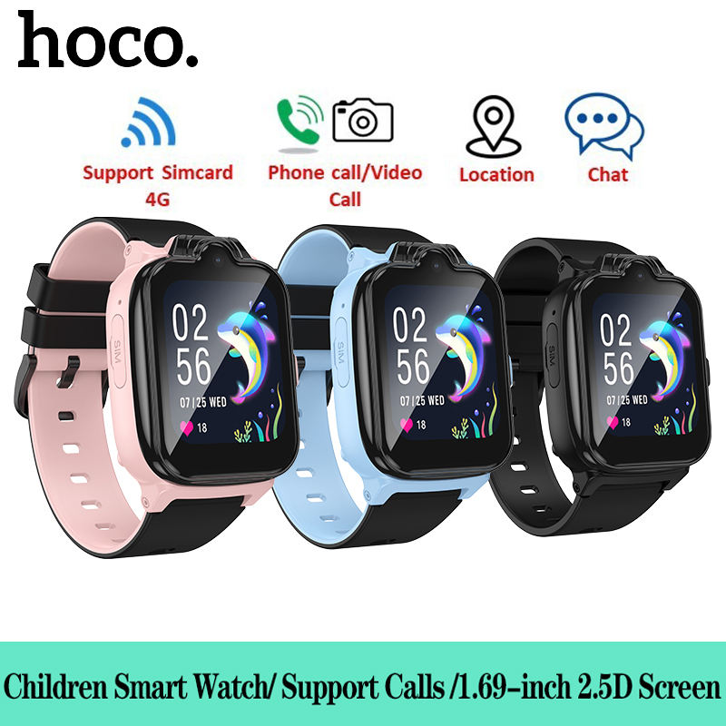 【Có tiếng Việt】 HOCO Y104 Đồng hồ trẻ em Thẻ SIM 4G 1.69 inch Màn hình 2.5D Hỗ trợ G * PS LBS+WIFI Định vị video IP65 Hỗ trợ chống nước Hình ảnh Smartwatch Quà tặng trẻ em phổ quát cho tất cả các điện thoại thông minh