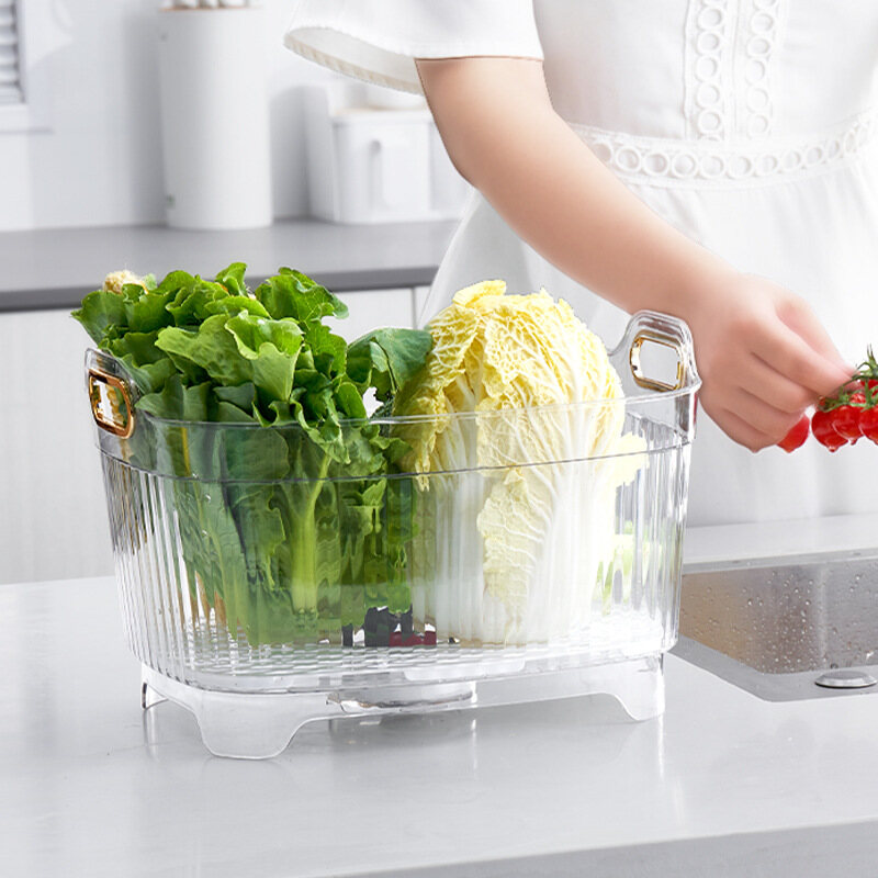 Gambar Nordic Kitchen Double layer Wash Basin Water Filter Basket Wash Fruit Pet Thickened Drop resistant Plastic Drain Basket