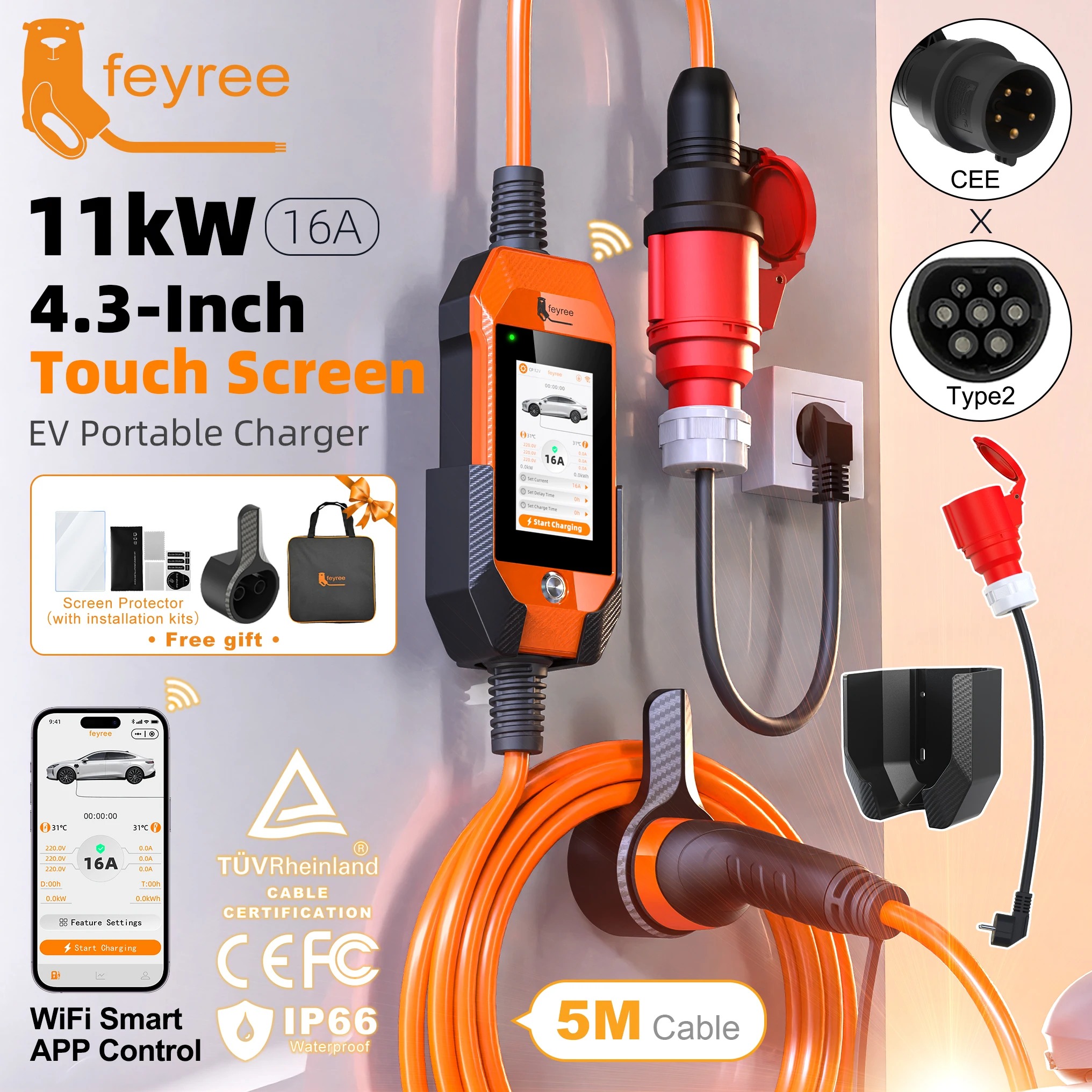 feyree Portable EV Charger 11kW 16A 3P Fast Charging Type2 Socket 4.3inch Touch Screen Design Smart WIFI APP Control AC Charger ราคา 9,290 บาท*ส่งฟรี