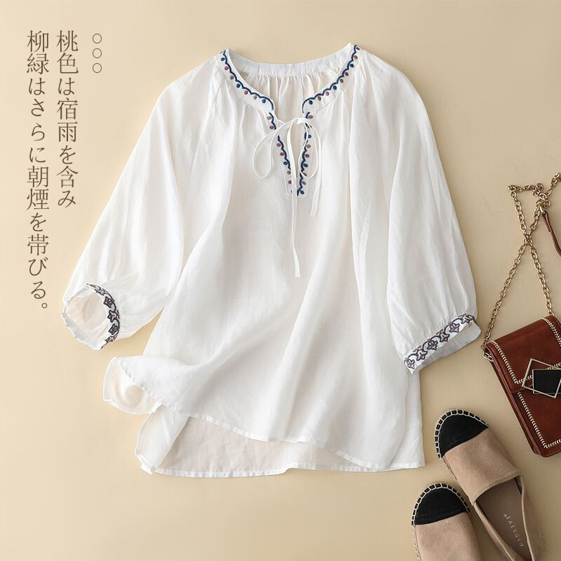 LUCKIN STORE Women's Top Cotton Linen Embroidered V-neck Split Sleeve Shirt Women's Comfortable Soft Shirt New Necklace Lace Summer Top