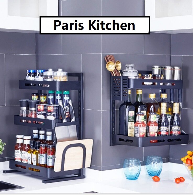Gambar D1026 (Paris Kitchen) Kitchen Organizer Stainless Steel Spice Rack Household Adjustable Cabinet Storage Rak Dapur