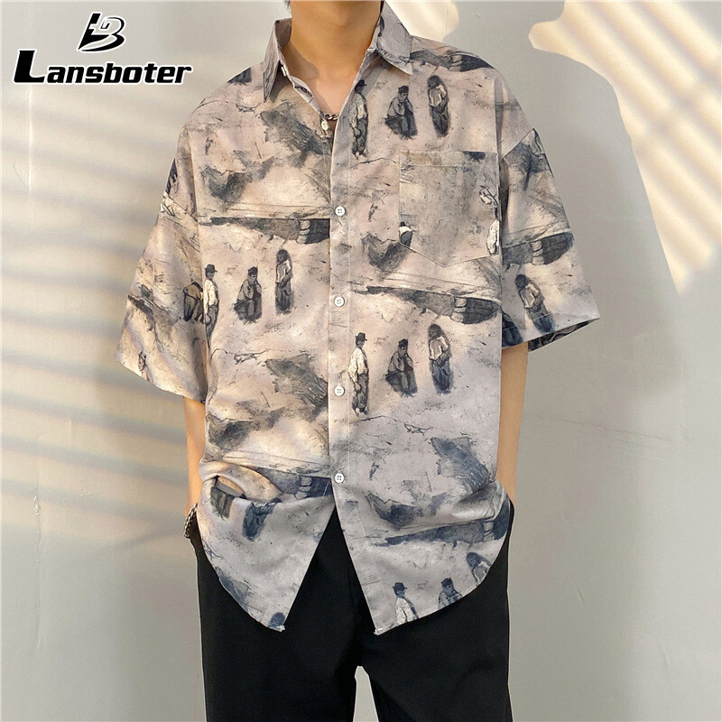 Lansboter Men's short-sleeved shirt street hip-hop printed short-sleeved shirt loose five-point sleeve ราคา 125 บาท*ส่งฟรี