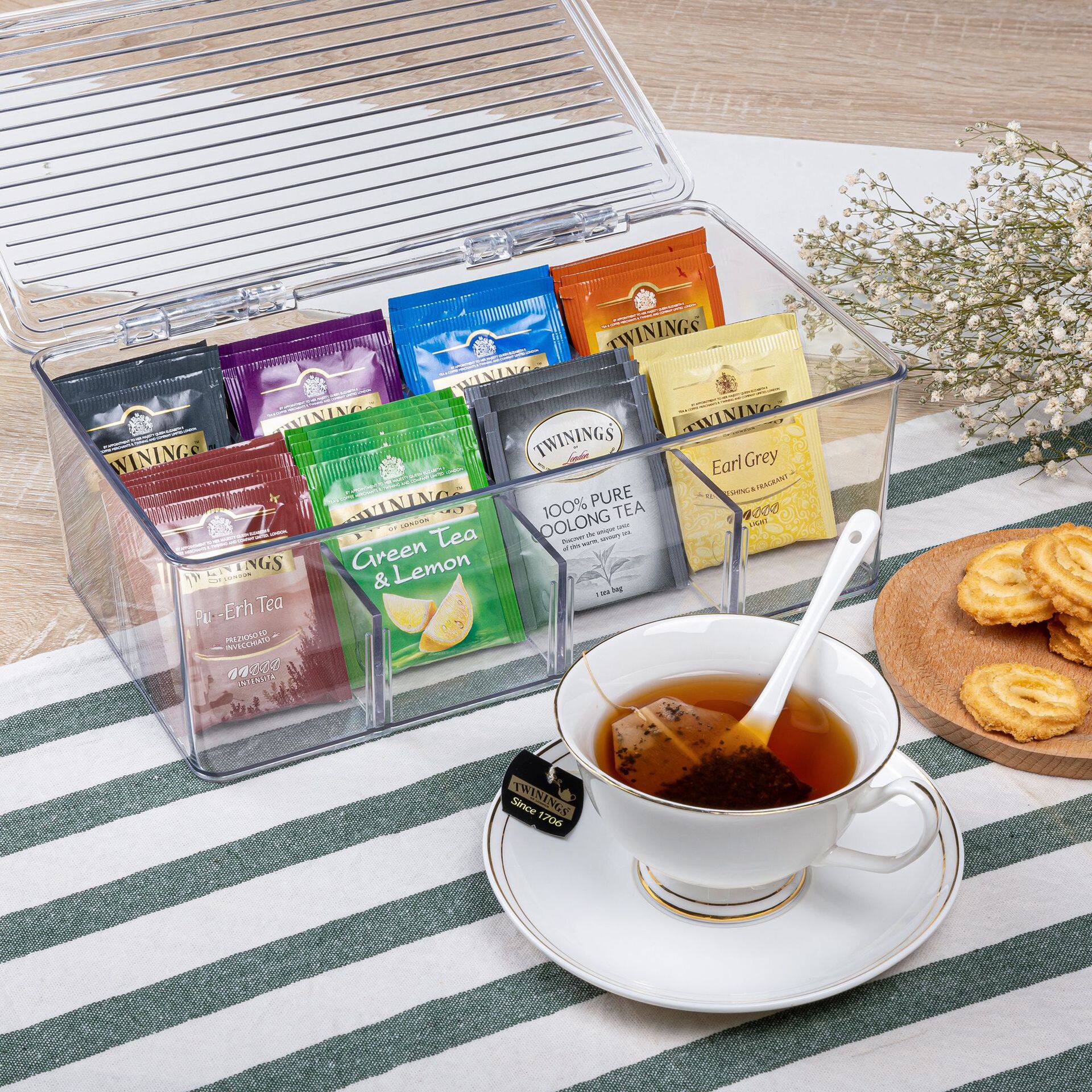 Gambar 8 grid Freezer Storage Box Dust proof Belt Cover Desktop Organizer Can Stack Tea Bags and Coffee Storage