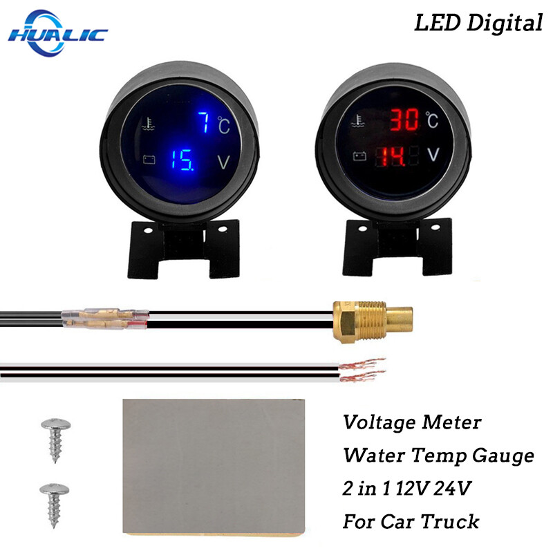 Đồng hồ đo nhiệt độ nước 2 trong 1 12v 24v cảm biến nhiệt độ đèn led tròn kỹ thuật số cho xe hơi xe tải moto + vôn kế đồng hồ đo điện áp vôn