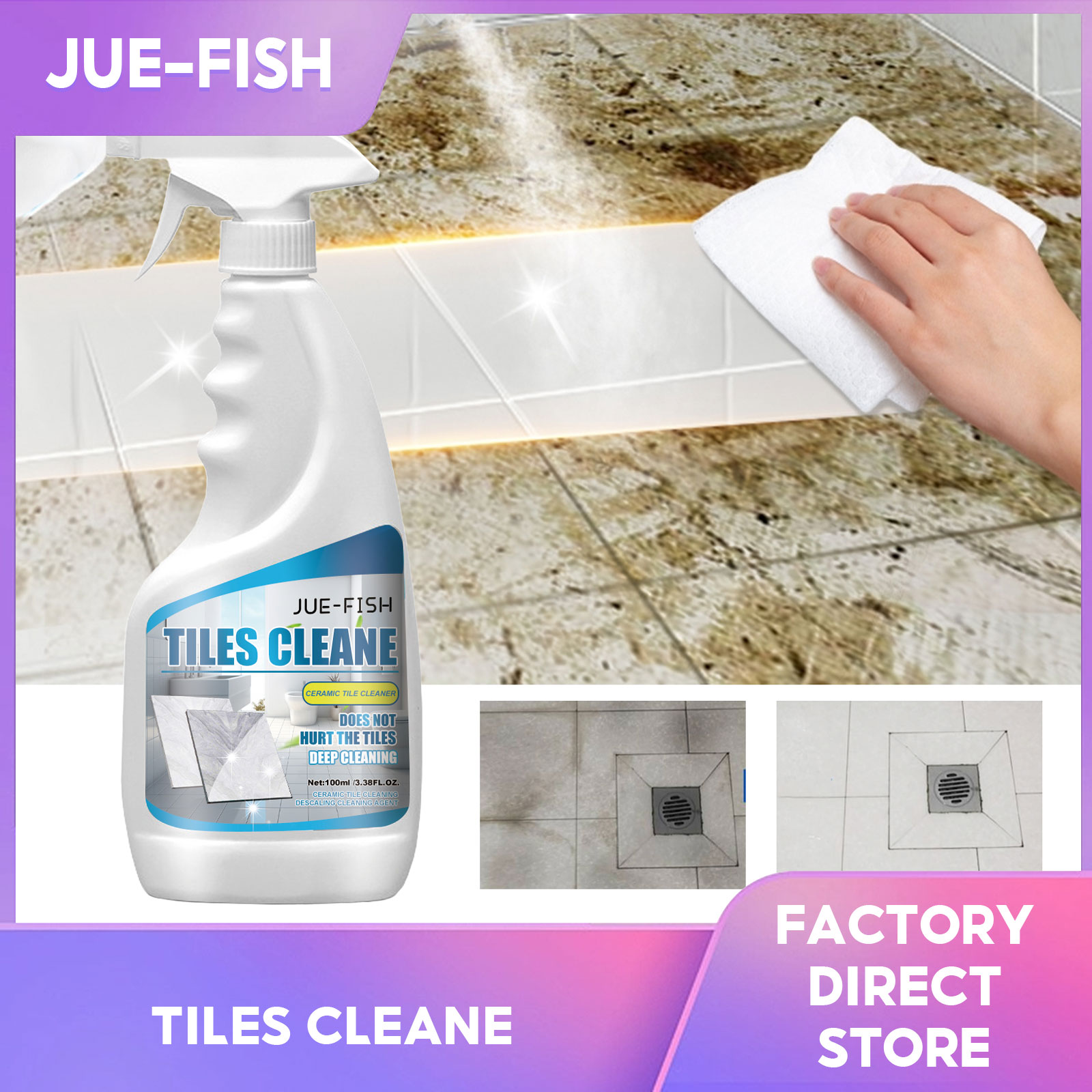 Jue-Fish Tiles Cleaner Remover Stubborn Dirt Urine Stains Mold Spots On Bathroom Floor Mosaic Tile Cleaning Bathroom Tiles Dirt Stain Remover Cleaning Bathroom Cleaner Floor Detergent Floor Cleaner Household Kitchen Cleaner Spray (100ml) ราคา 157 บาท*ส่งฟรี