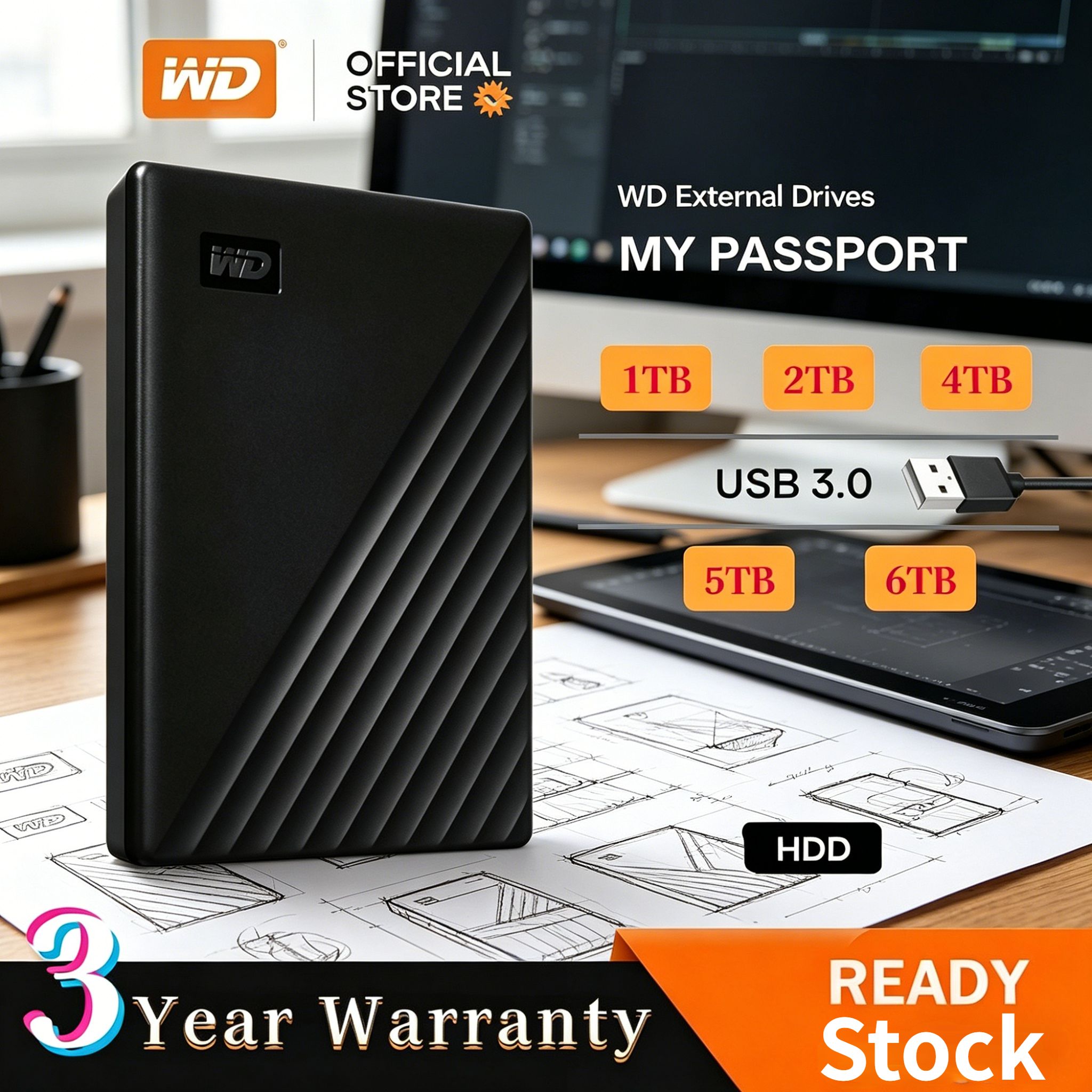 อุปกรณ์จัดเก็บข้อมูล WD คือพาสปอร์ตของฉัน/ปลั๊กแอนด์เพลย์/1TB/2TB/4TB/5TB/6TB USB เสริม 3.0 ฮาร์ดไดรฟ์-2.5 "HDD แบบพกพาสีดำ/สำรองข้อมูลอย่างรวดเร็ว ราคา 1,499 บาท*ส่งฟรี