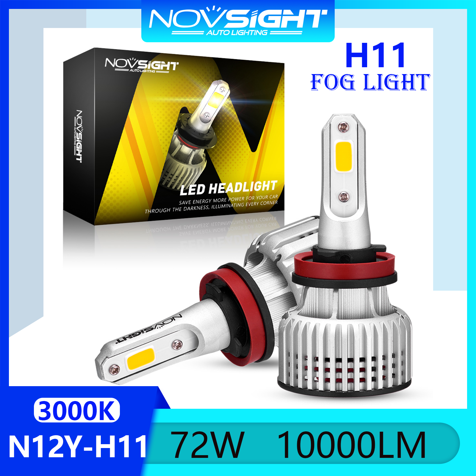 〔Fog Lights+ Yellow Light〕Novsight N12Y H11 LED Lights for Car 3000K LED Headlamp Bulbs 72W 10000LM Plug&Play Ready Stock 2 PCS 2 Years Warranty Free Shipping