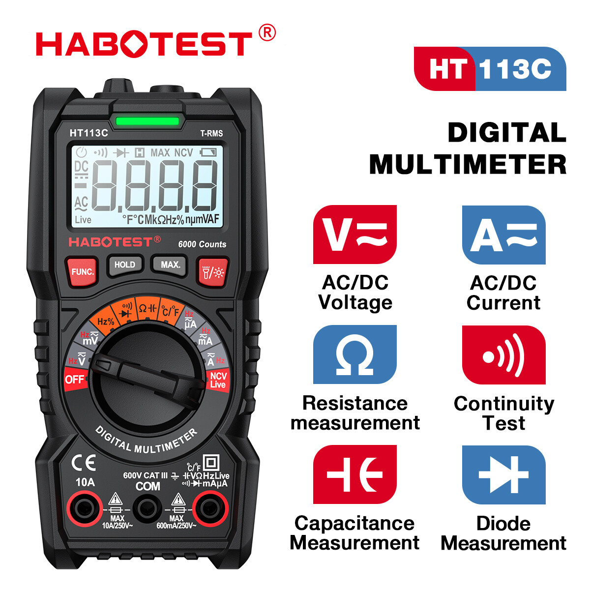 Habotest ht113/ht108l digital multimeter 600v ac/dc true-rms autorange portable ncv voltmeter ammeter ohm hz capacitance continuity test meter
