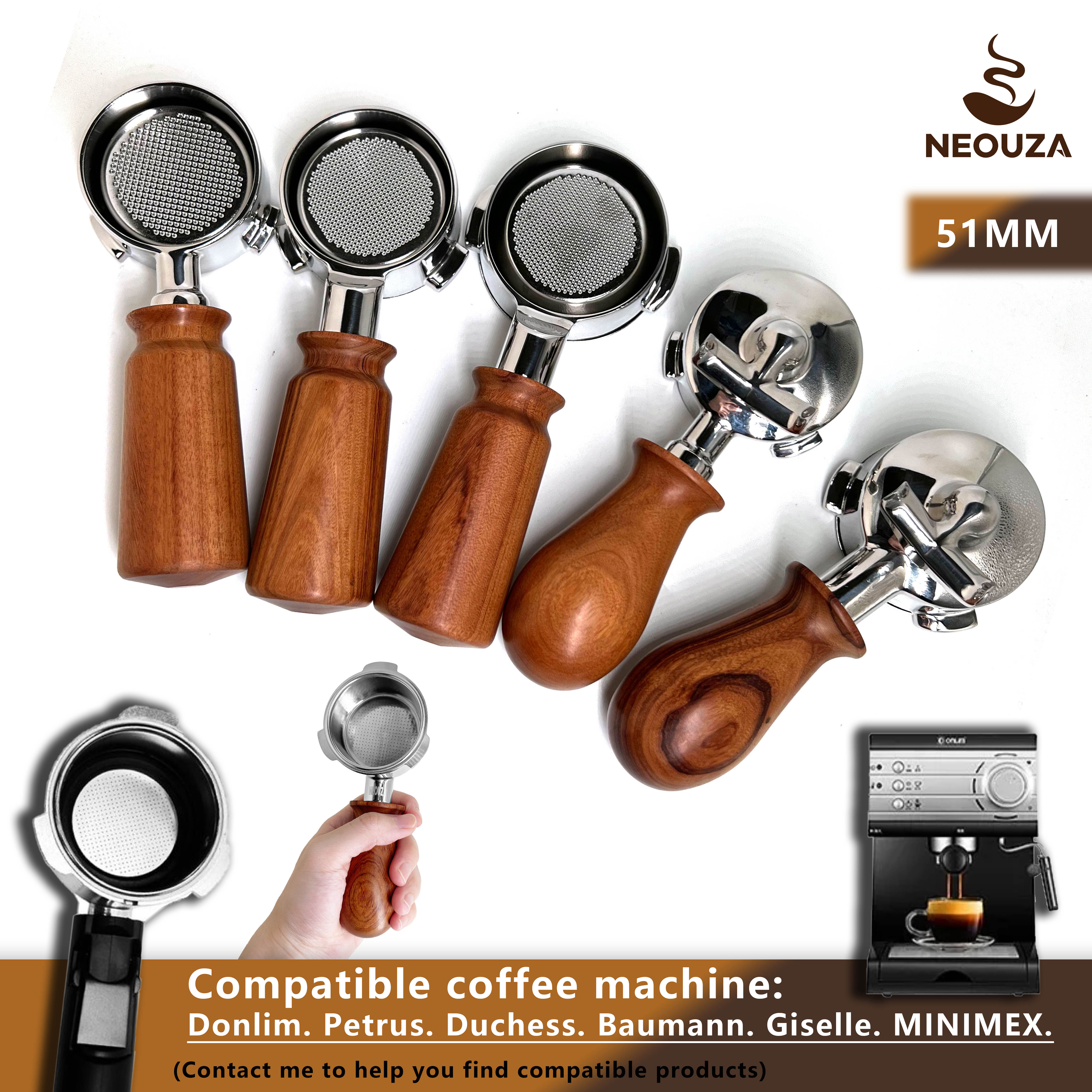 Neouza 51mm portafilter cho Donlim, nữ Công Tước, Petrus, baumann, Giselle Máy pha cà phê với phụ tùng thay thế bằng thép không gỉ lồng Lọc cán bằng gỗ