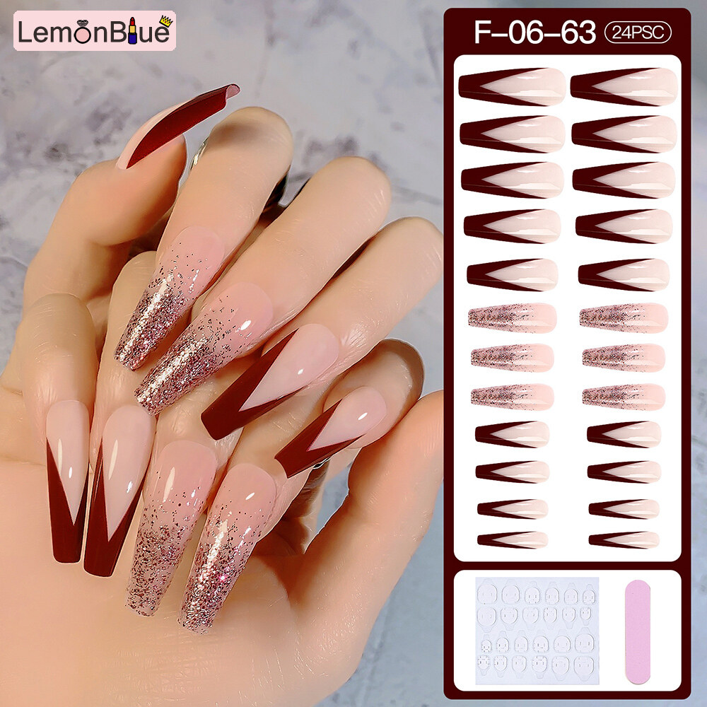 Gambar LemonBlue False Nails Colorful Artificial Full Cover Fake Fingernails for Bride Wedding Artificial Nails Coffin Fake Nails Polish Free Manicure For Women Girls