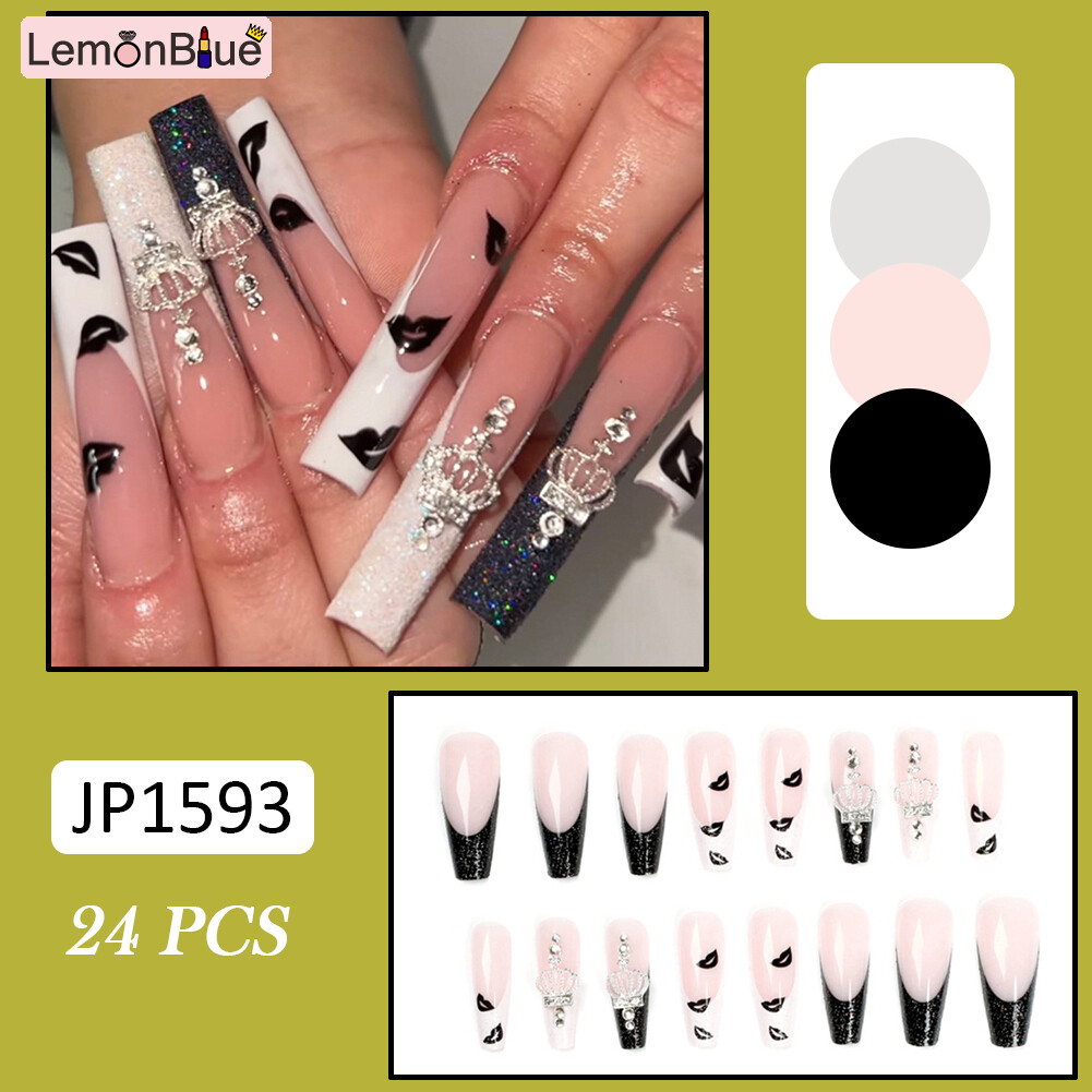 Gambar 24PCS Short Press on Nails Heart Cherry Pattern Full Coverage Artificial Nails Manicure Salon DIY Art Sweet Style Fake Nails Removable with Jelly Gel Glue