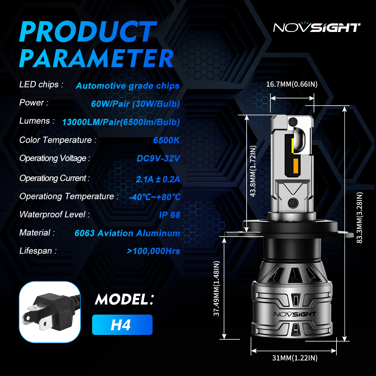 Novsight N61T Đèn pha LED 9005 9006 9012 H4 H7 H11 Bóng đèn LED Chùm sáng cao / Chùm sáng thấp / Sươ