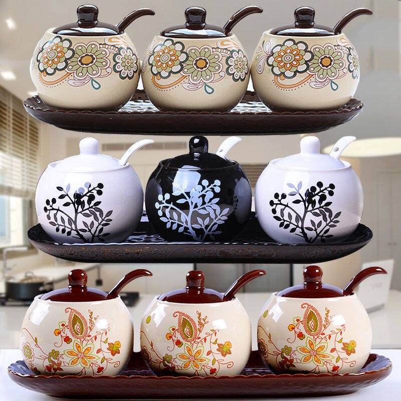 Gambar Ceramic Seasoning Box Three piece Set Creative Salt Shaker Seasoning Box Kitchen Supplies Storage Box Storage Box Seasoning Jar