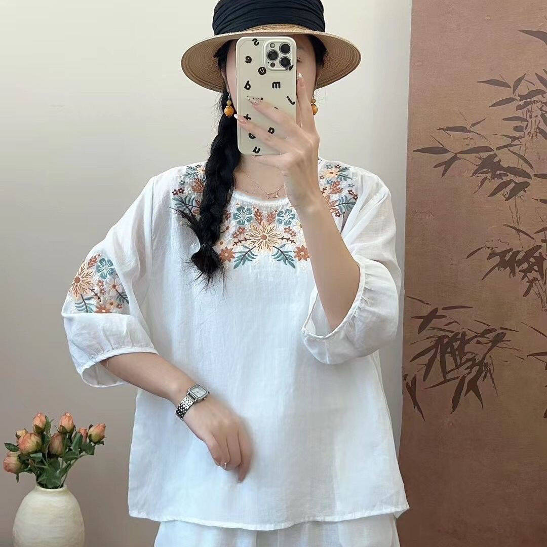 Luckin Store Hàng Đầu Cho Phụ Nữ Của Cotton Áo Linen Thêu 3/4 Áo Có Tay Hàng Đầu Của Phụ Nữ Mùa Hè T-Shirt cổ tròn áo blouse chui đầu