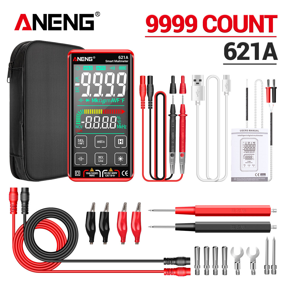ANENG Đồng Hồ Vạn Năng Kỹ Thuật Số Thông Minh 621A Máy Kiểm Tra Đa Năng Màn Hình Cảm Ứng Transistor 9999 Đếm True RMS Đồng Hồ Đo DC/AC 10A Phạm Vi Tự Động Khác
