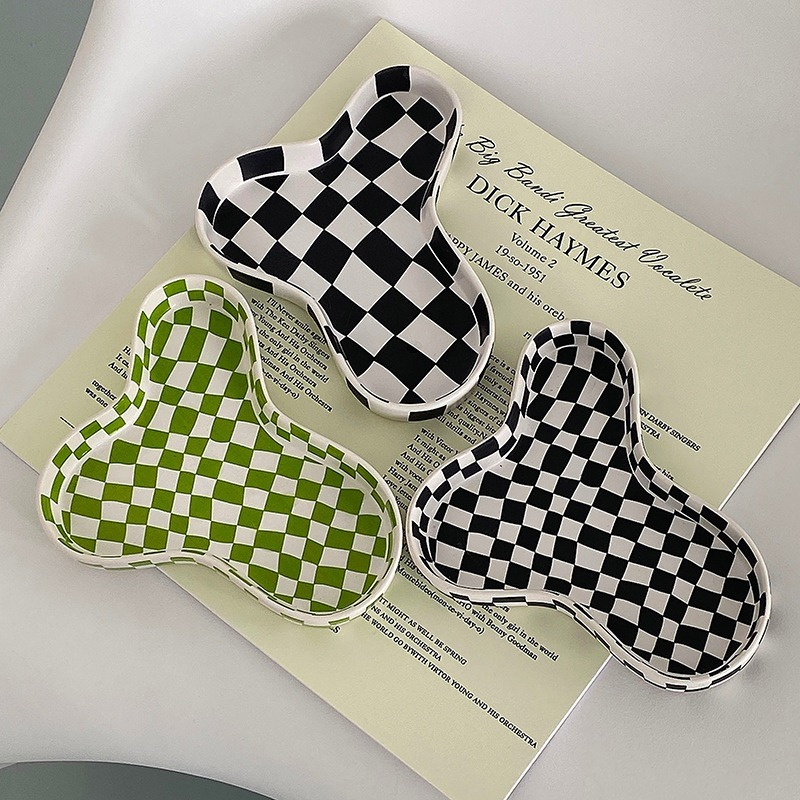 Gambar Chic Grids Ceramic Fruit Plate Food Dessert Support Holder Serving Tray Jewelry Organizer Home Table Decor Ring Dish