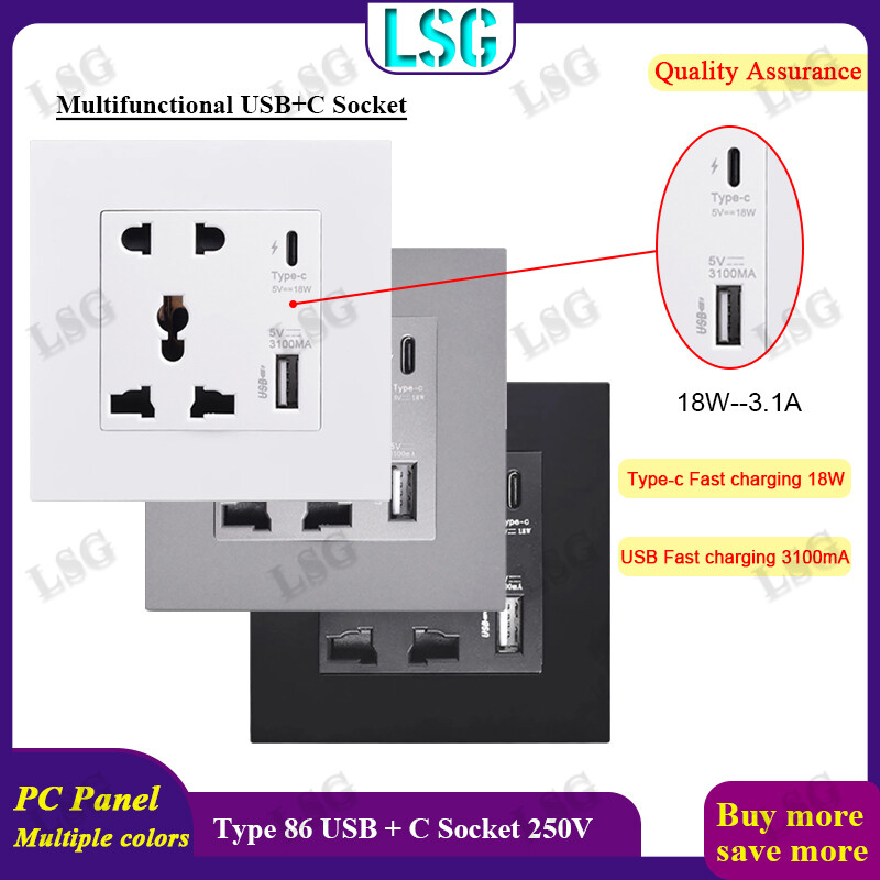 Ổ cắm cho tường 5 lỗ nguồn điện phổ quát điểm, Phích Cắm Điện ổ cắm tường gắn với cổng USB và Type-C, sạc nhanh thông minh PD18w 3.1A. Với hộp chuyển đổi ổ cắm điện Bảng điều khiển