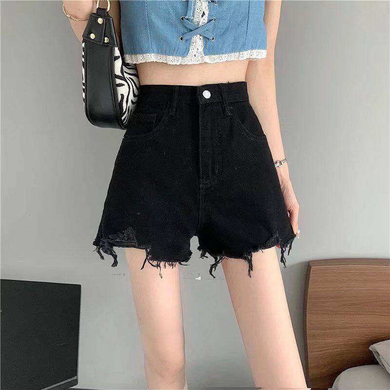 Large size denim shorts women's summer hot girl 2022 new thin loose and thin A-line raw edge black high waist hot pants