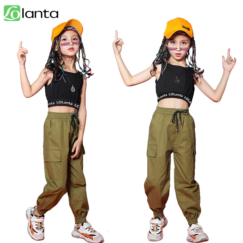 LOLANTA Girls Hip Hop Dance Outfit – 3-Piece Crop Top & Cargo Jogger Set With Removable Sleeve